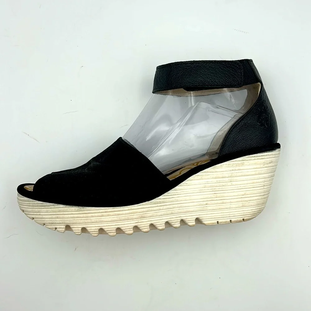 Fly London Black Suede & Leather Peep Toe Wedge Sandals - Size EU 37 / US 6.5–7